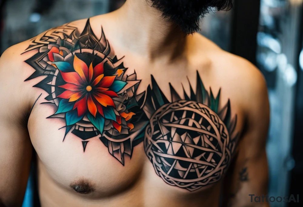 Wide tattoo that appears to be bursting out of the skin, symbolizing freedom. The tattoo should be vibrant and dynamic, with bold lines and colors that evoke a sense of liberation and empowerment. Consider incorporating elements such as broken chains, or other symbols of freedom. The tattoo should be visually striking and thought-provoking, inviting the viewer to reflect on the importance of personal freedom. tattoo idea