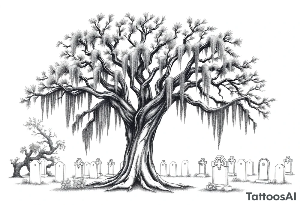 Oak tree with a lot of Spanish moss in a cemetery tattoo idea