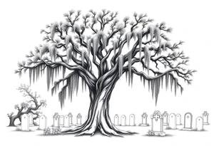 Oak tree with a lot of Spanish moss in a cemetery tattoo idea
