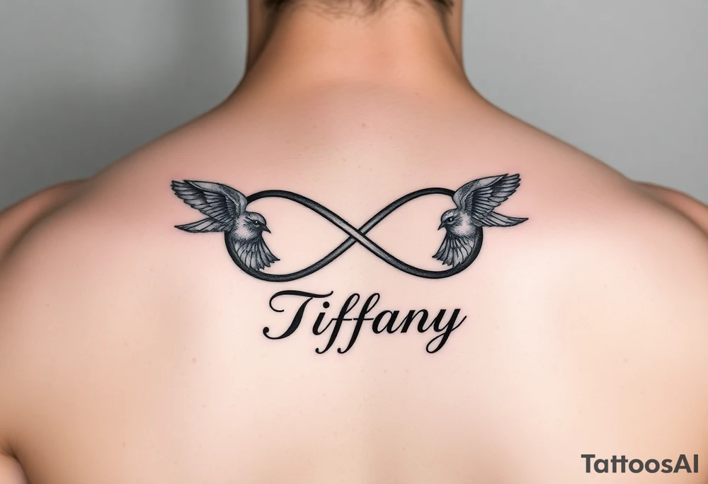 Infinity symbol with birds and the name Tiffany tattoo idea