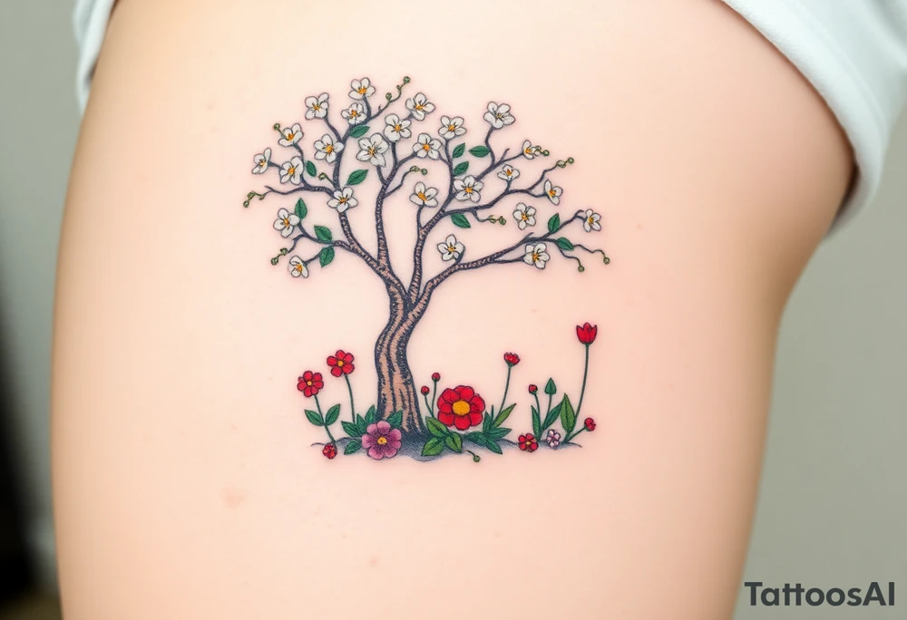 Lilly of the vally plants underneath a blooming hawthorn tree with other colorful plants on ground tattoo idea