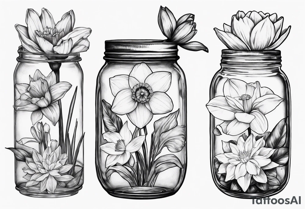 A daffodil a water lily and a morning glory in a mason jar tattoo idea