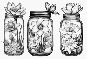 A daffodil a water lily and a morning glory in a mason jar tattoo idea