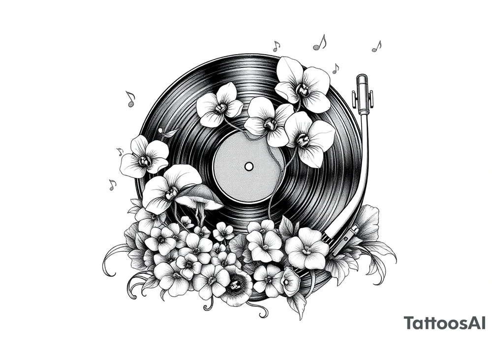 vinyl record player with mushrooms, orchids, and music notes around it tattoo idea