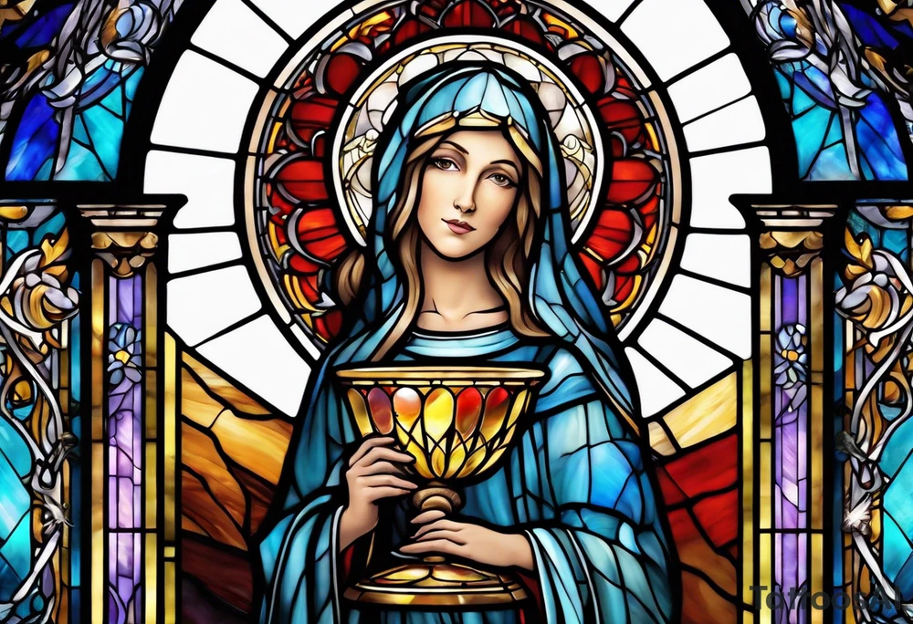 holy saint woman stained glass holding a chalice tattoo idea