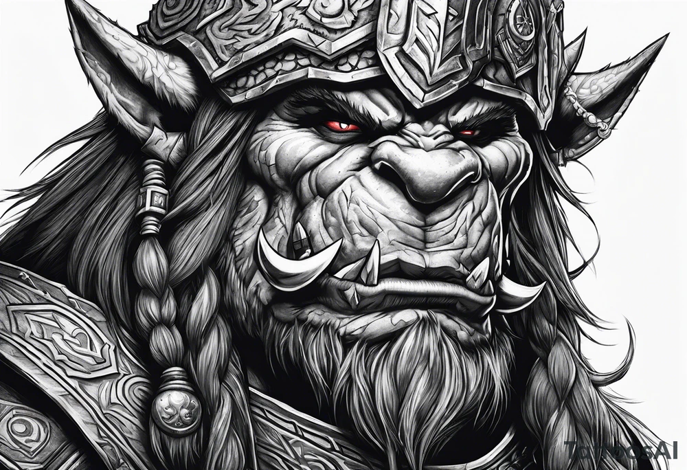 orc from world of warcraft with a dead dire wolf pelt on its head tattoo idea