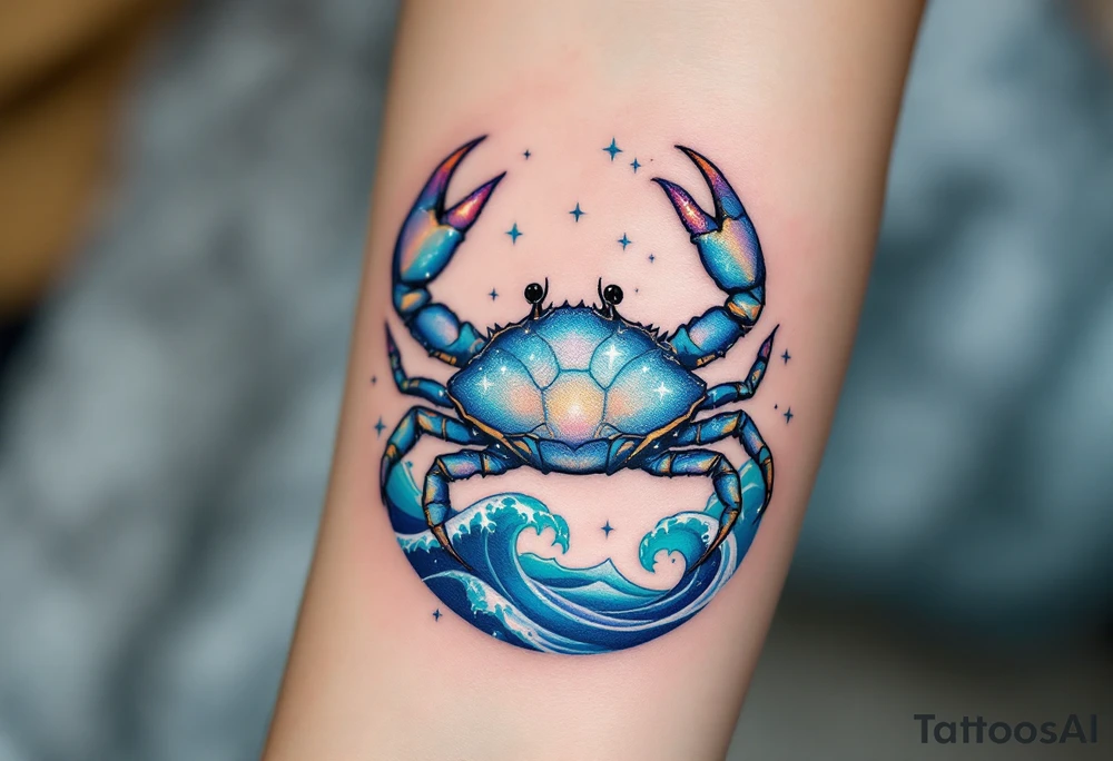 A Cancer zodiac tattoo shows a shimmering silver crab with delicate blue highlights on its shell, surrounded by soft ocean waves in teal and deep navy, with tiny white stars twinkling around it for a dreamy celestial touch. tattoo idea