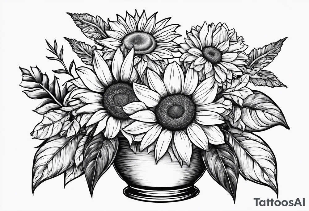 7 leaf pot leaf, daisies, and sunflowers bouquet tattoo idea