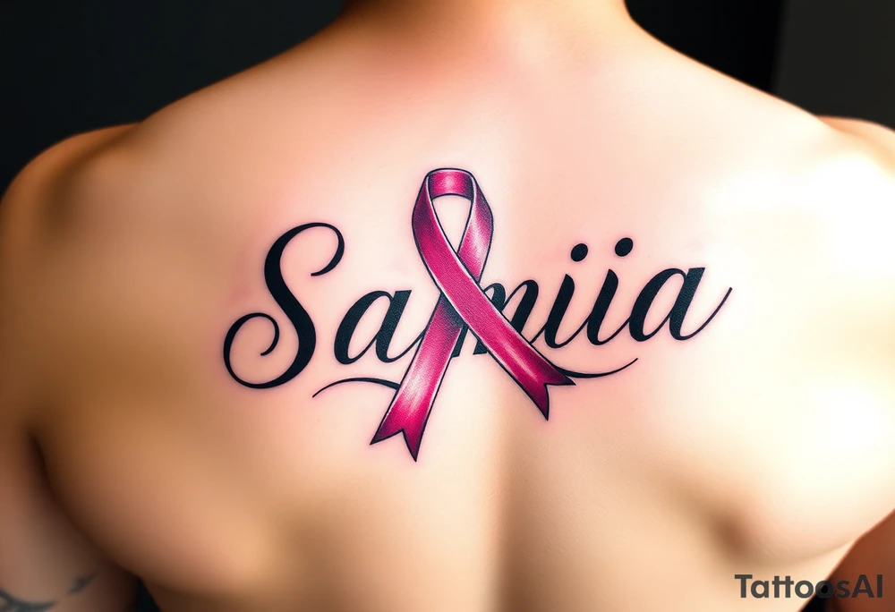 The name Samia. With a breast cancer (in pink) ribbon flowing off the a. tattoo idea
