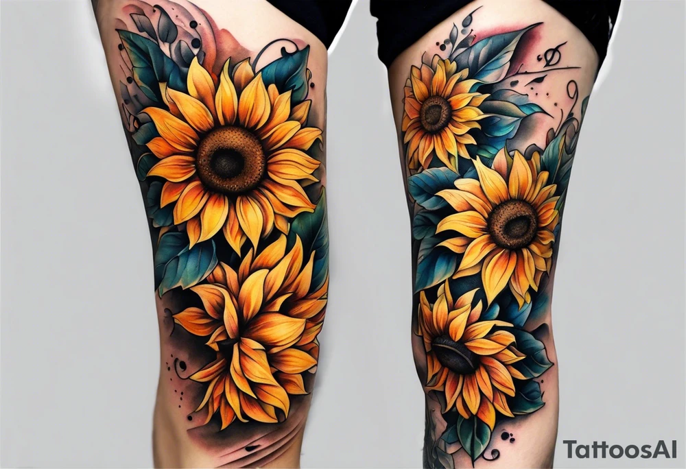 Leg sleeve sunflower tattoo idea