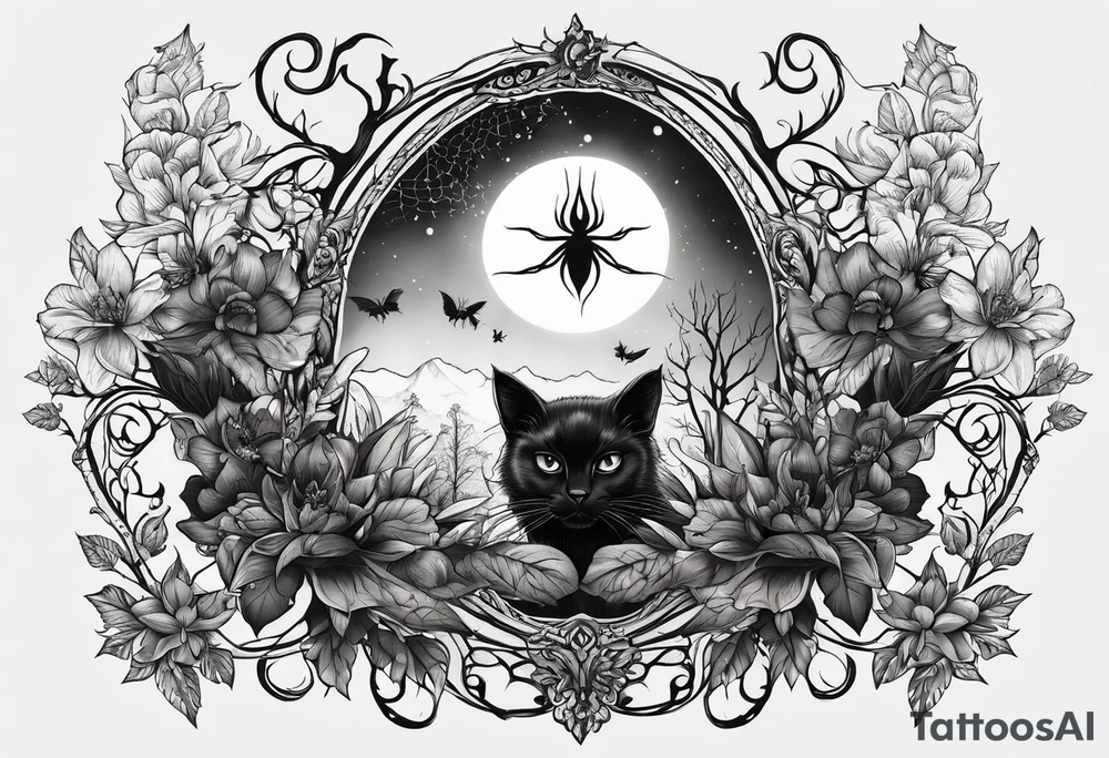 Ethereal witchy garden black cat spider black wudow tattoo idea