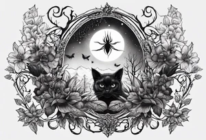 Ethereal witchy garden black cat spider black wudow tattoo idea