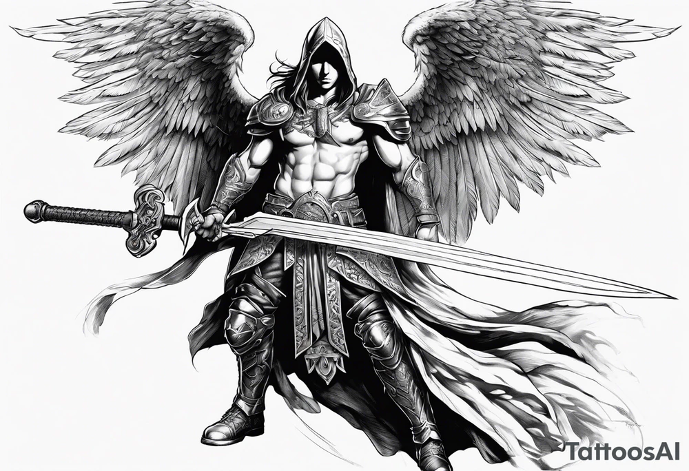 Arch angel hood fighting sword male full body heavenly tattoo idea