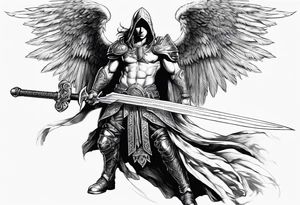 Arch angel hood fighting sword male full body heavenly tattoo idea
