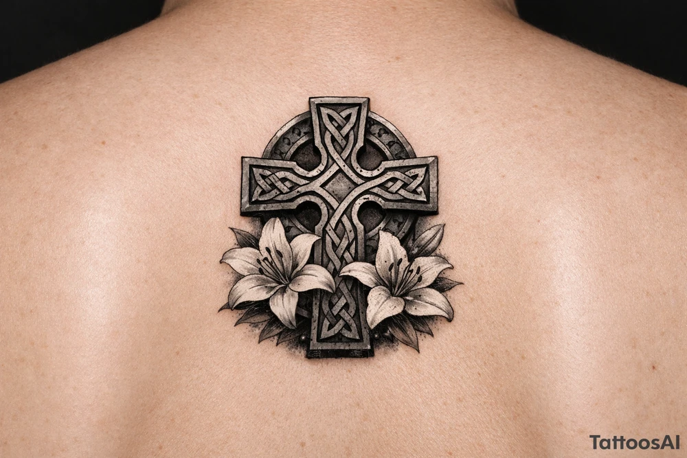 Celtic cross with Lillies memorial tattoo idea
