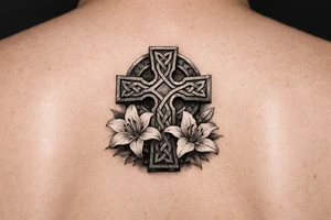 Celtic cross with Lillies memorial tattoo idea