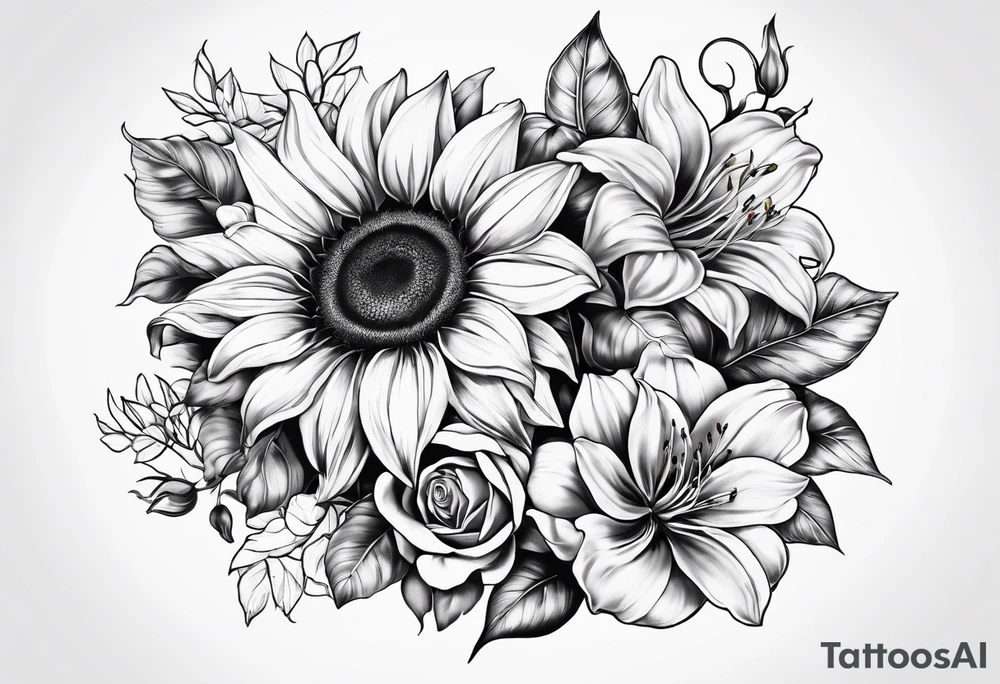 Sunflower, Rose, Lily tattoo idea