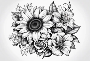 Sunflower, Rose, Lily tattoo idea