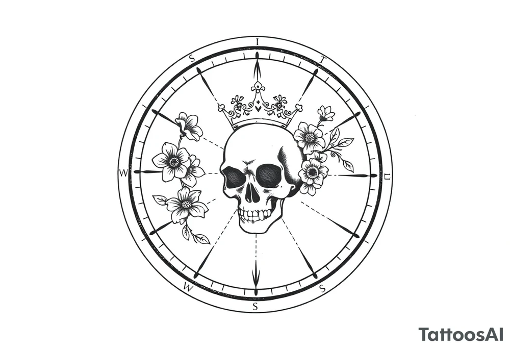 Compass with detailed beautiful gothic boho flowers on vine and skull with gorgeous crown tattoo idea