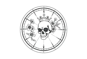 Compass with detailed beautiful gothic boho flowers on vine and skull with gorgeous crown tattoo idea