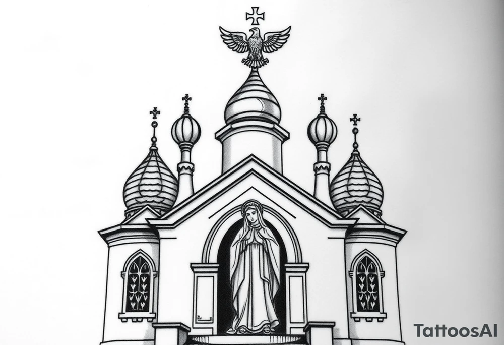 Flowing Scene

A onion domes orthodox church
Virgin Mary in prayer pose on the front doors of the russian orthodox church 
A small double headed russian coat of arms eagle or just the star tucked above the dome near the hairline tattoo idea