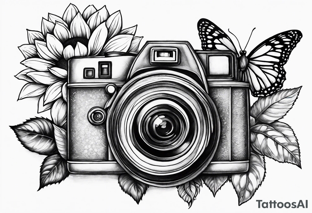Book, sunflower, camera, butterfly, flower rose tattoo idea Book, sunflower, camera, butterfly, flower rose tattoo idea