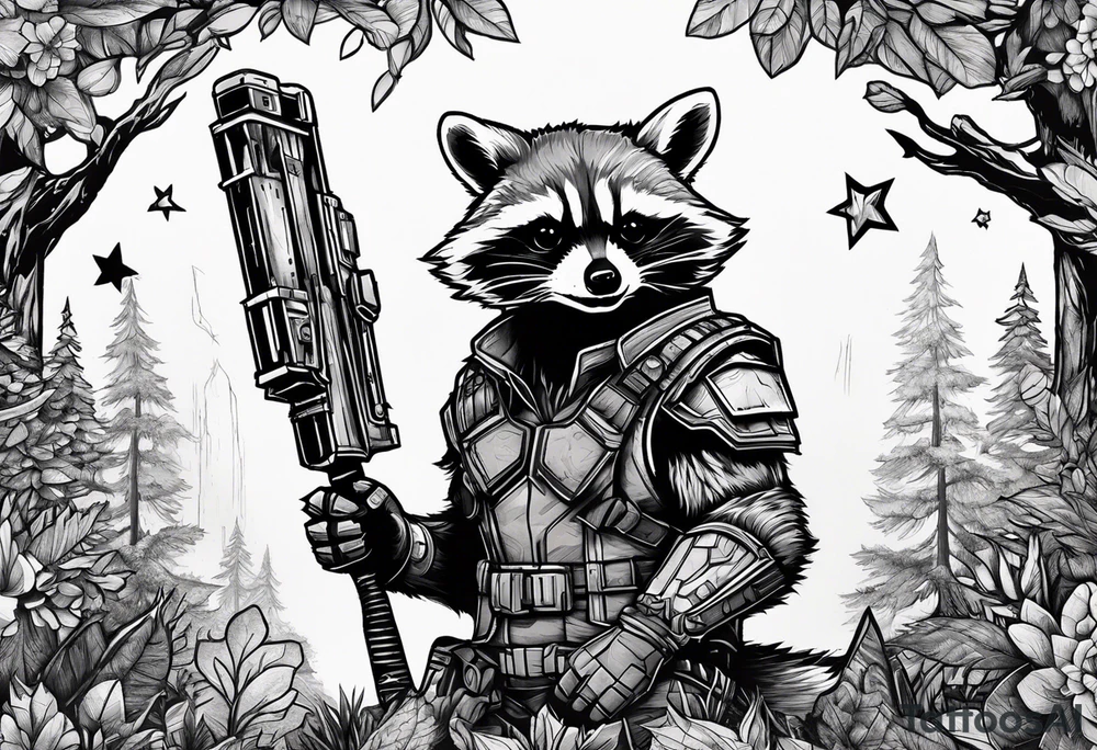 rocket raccoon in a defensive position in a forest tattoo idea