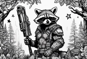 rocket raccoon in a defensive position in a forest tattoo idea