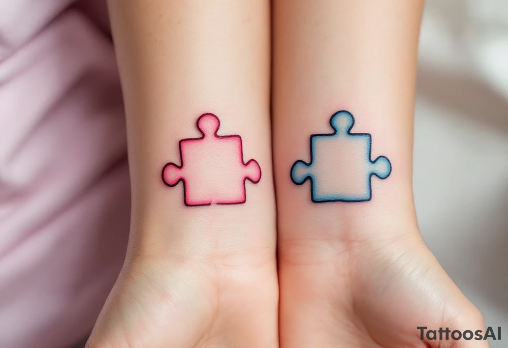 Interlocking puzzle pieces in soft pink and muted blue on the inner wrists symbolize how perfectly you fit together. tattoo idea