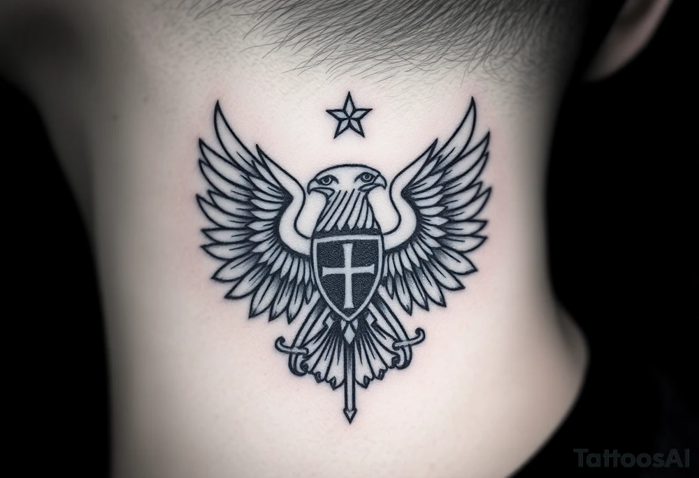 Double-headed eagle outline only (no shading) — suits neck skin which ages differently
Star above, small orthodox cross below tattoo idea