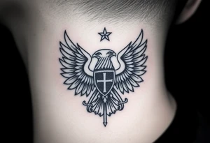 Double-headed eagle outline only (no shading) — suits neck skin which ages differently
Star above, small orthodox cross below tattoo idea