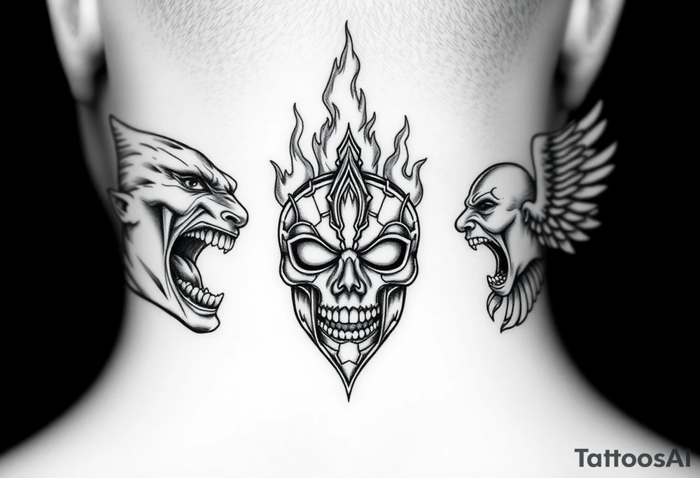 Realistic neck tattoo design. On one side, near one ear, a screaming demon facing inward. On the other side, near the other ear, a screaming angel facing the demon. Between them, in the center of the front neck, a cracked ancient mask with fire and light emerging from inside, symbolizing inner conflict and balance between good and evil. Highly detailed black and grey style, fine line shading, symmetrical, intense emotion, realistic texture. tattoo idea