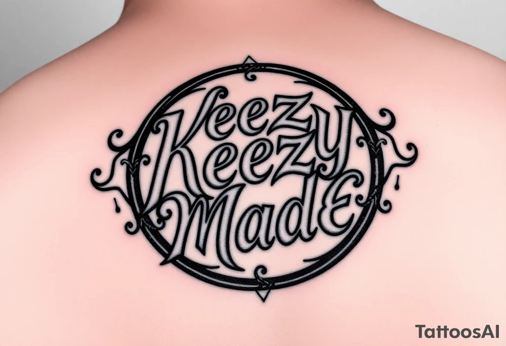 letters only fancy but rugged twisted and intertwined circular arched curvy lettering in a circular  forum that would be clothing brand style that says (KeezY MadE) almost like the the roca wear symbol clothing brand trademark or just the KM tattoo idea