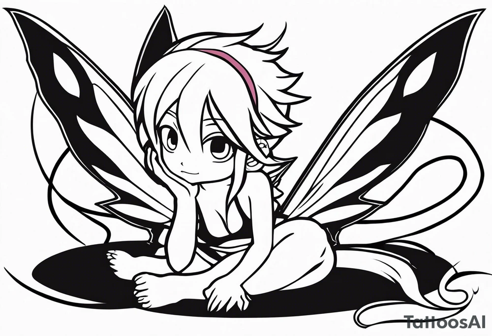 A fairy with a tail inspired by the logo of the anime show called Fairy Tail in a fetal position leaning in tattoo idea