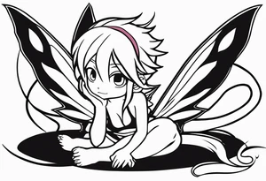 A fairy with a tail inspired by the logo of the anime show called Fairy Tail in a fetal position leaning in tattoo idea