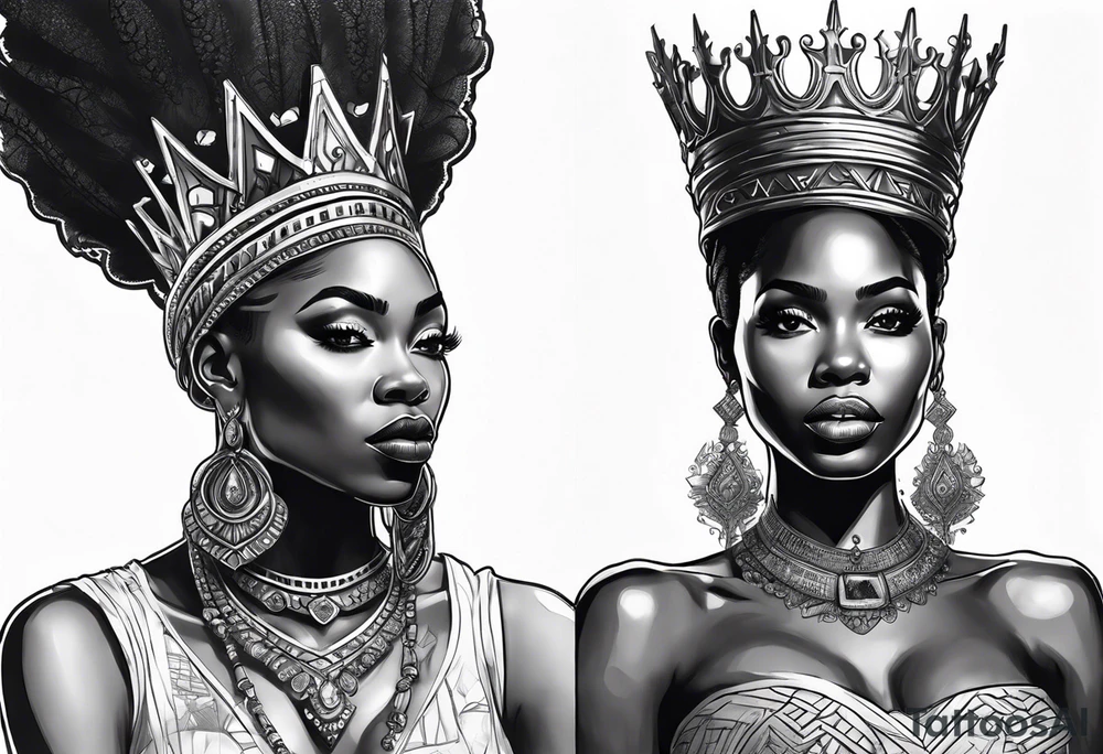 Beautiful black African queen with a crown sitting on a large iron throne tattoo idea