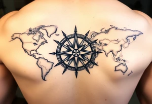 antique compass rose overlaid on weathered world map with sailing ships tattoo idea