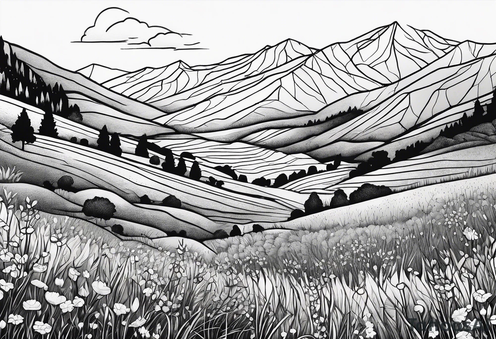 hills, wildflowers, sunshine, no trees, small on forearm, fine lines tattoo idea
