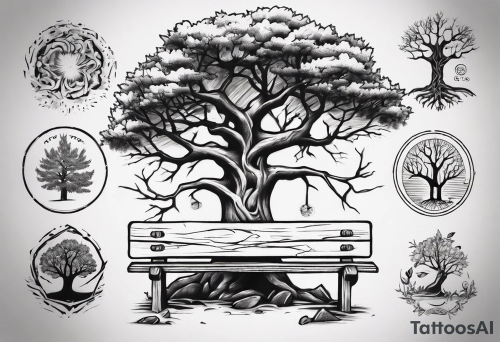 Tattoo about a tree next to a log bench tattoo idea
