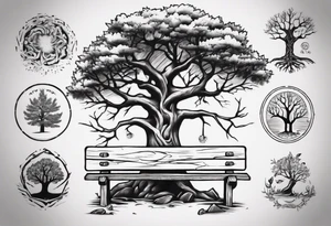 Tattoo about a tree next to a log bench tattoo idea