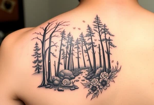 colorful fall themed womans sleeve forest, trees, falling leaves and rain, a small snail or two, a creek and some fall themed flowers as filler tattoo idea