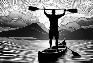 pictured from behind, average sized silhouette man with arms fully extended straight out to the side at chest level, standing on top of modestly sized canoe on the water with a sun above his head. tattoo idea