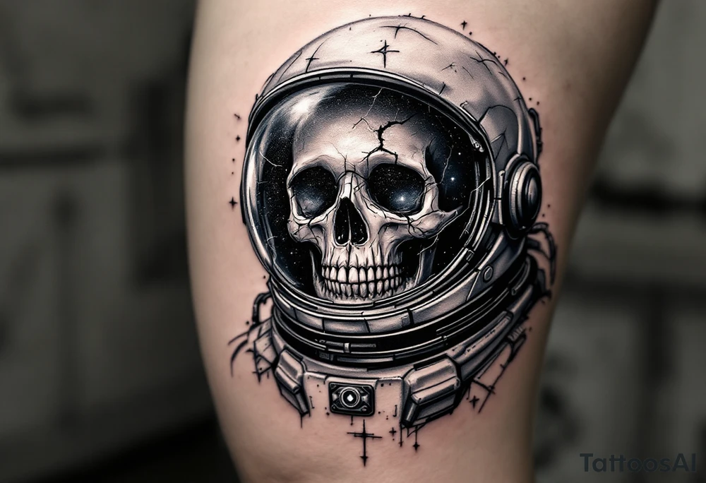 The Astronaut’s Skeleton – A pale gray skeleton inside a damaged silver astronaut suit, with a cracked helmet revealing a galaxy inside the skull, symbolizing the infinite unknown. tattoo idea