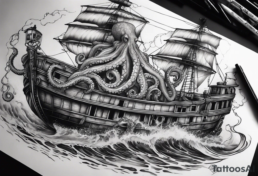 Pulpo gigante destruyendo un barco tattoo idea