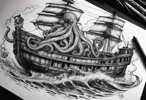 Pulpo gigante destruyendo un barco tattoo idea