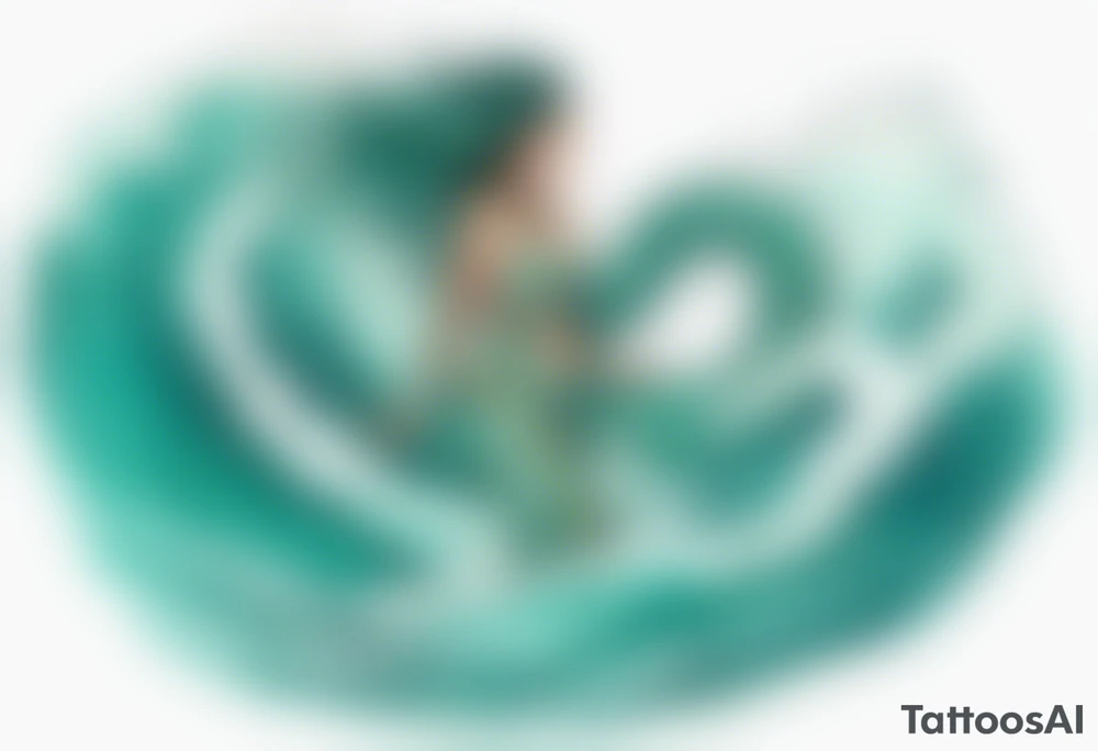 a beautiful chubby turquoise serpent woman emerging from an ocean wave, crashing onto the shore tattoo idea