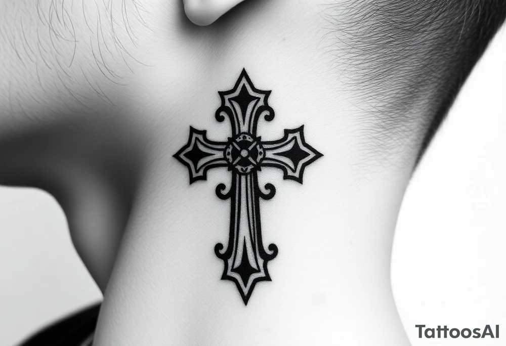 orthodox christian cross relatively small on side of left neck tattoo idea