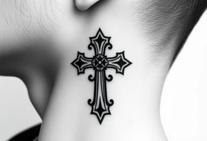 orthodox christian cross relatively small on side of left neck tattoo idea