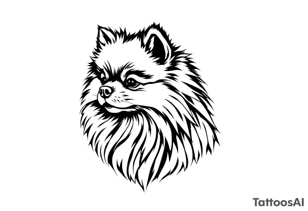 A silhouette stencil style drawing of a cute long haired Pomeranian tattoo idea
