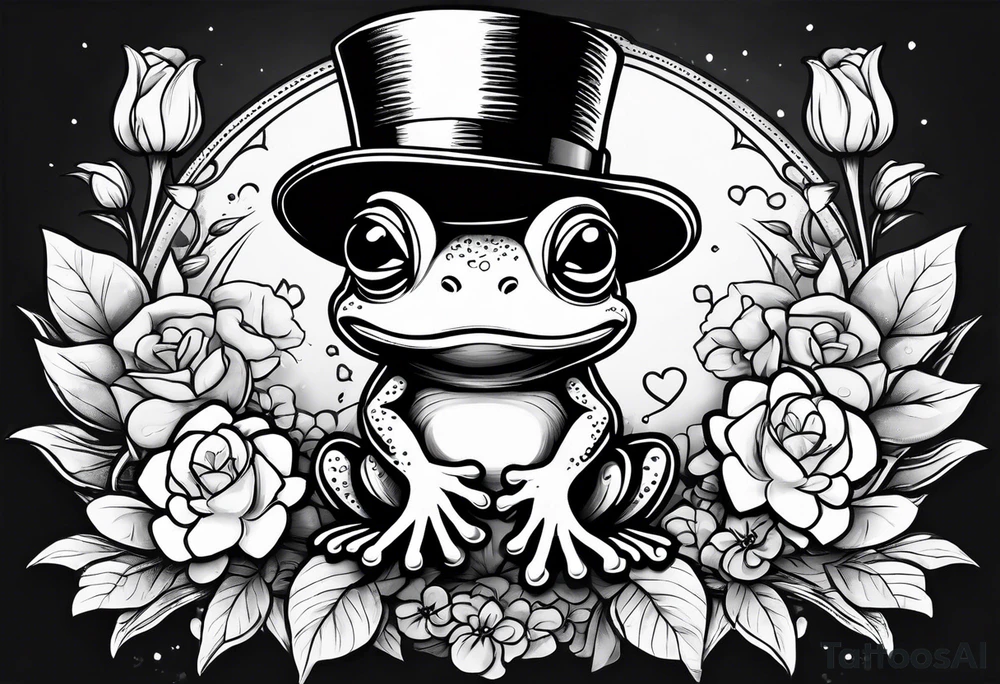 Cute Frog in a top hat holding flowers to go on a date tattoo idea